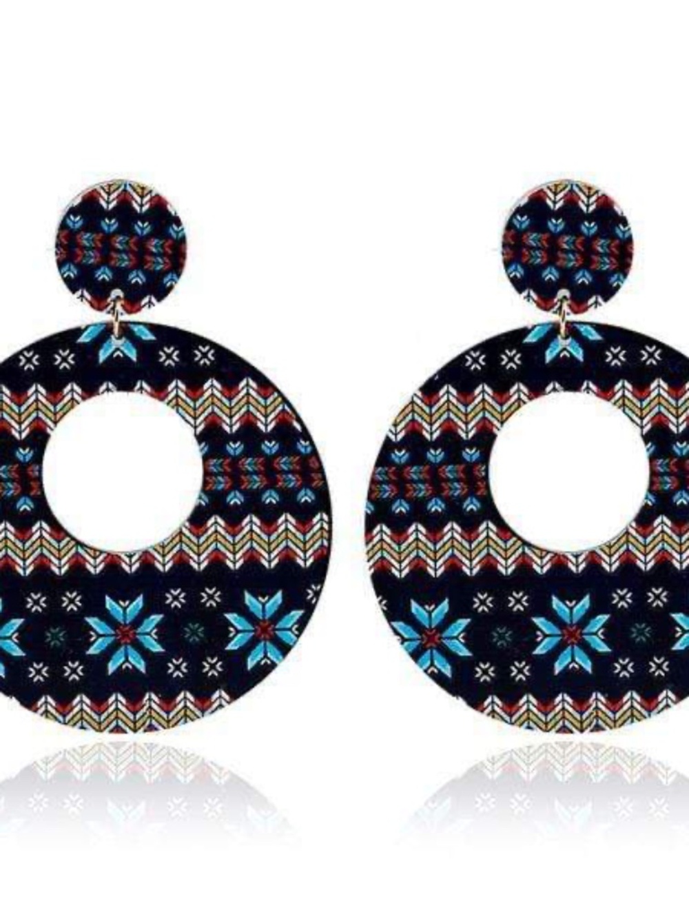 Womens Hoop Wood Earrings‎ Large Blue Aztec Design